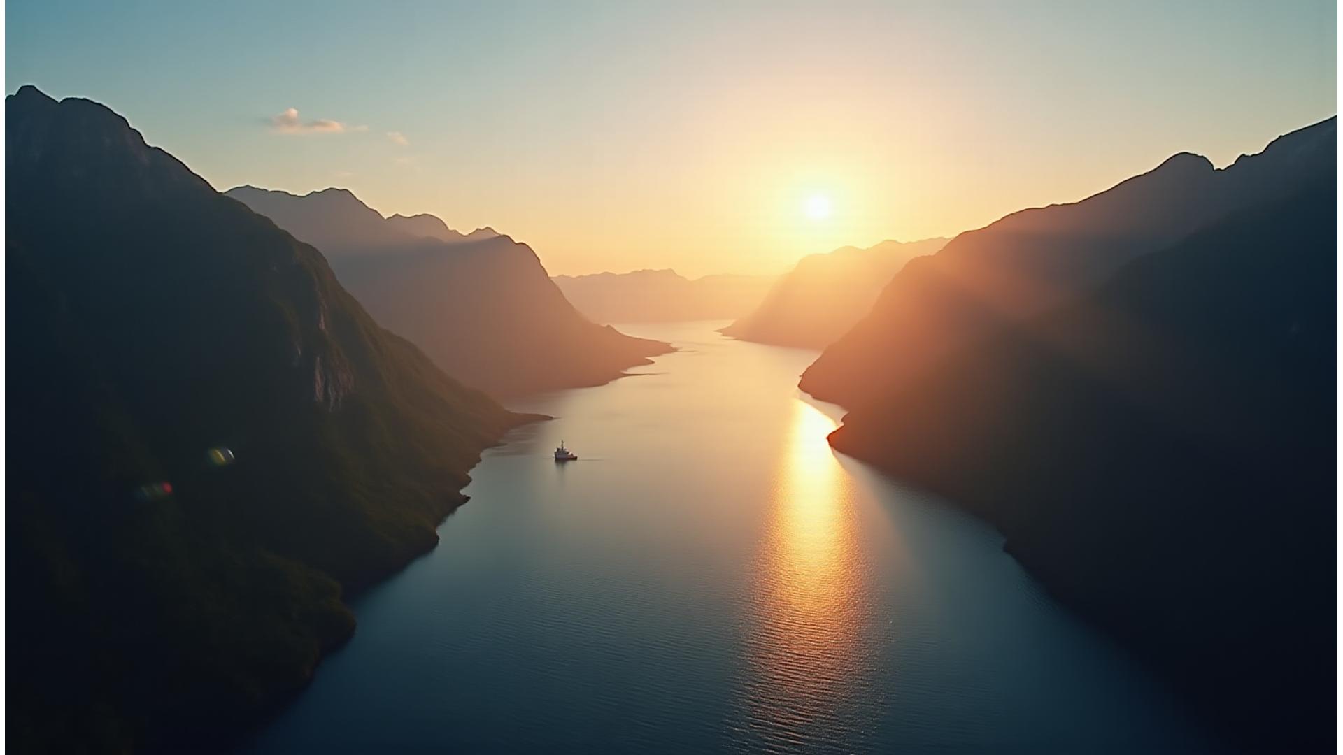 Spektakulær dronevideo av norsk fjordlandskap i gyllen solnedgang sett fra luften