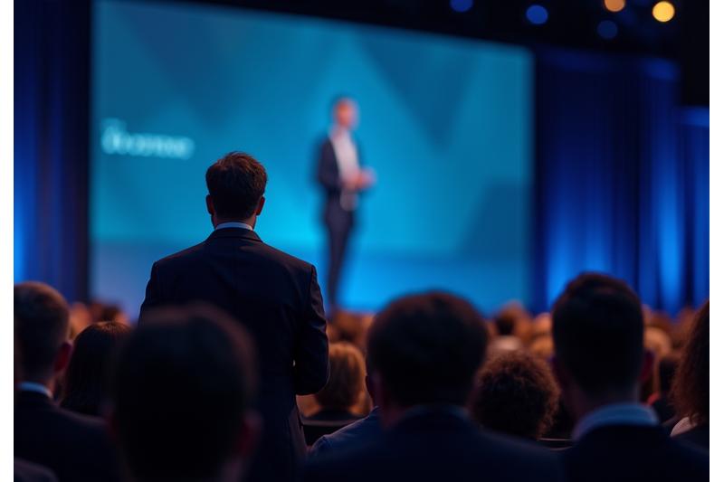 Konferanseforedragsholder på scene foran et stort publikum