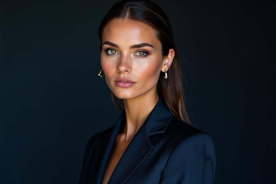 Et glamorøst motebilde som viser før- og etter-effekten av profesjonell retusjering av klær og makeup.