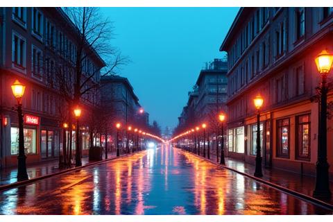 Limited edition print av et vibrerende Oslo bybilde i regnvær med reflekser