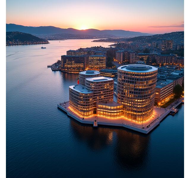 Dronebilde av Oslo sentrum ved solnedgang