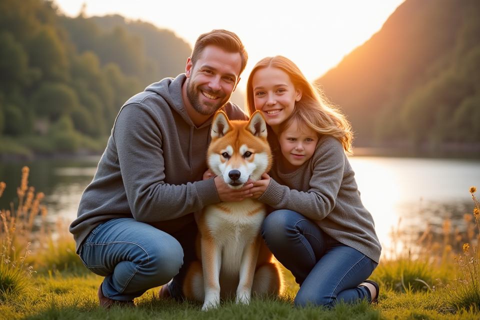En glad familie smiler og klemmer sin shiba inu i en park, i gyllent kveldslys