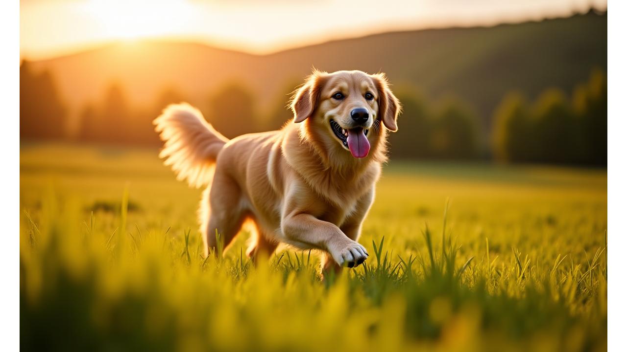 En glad golden retriever som løper gjennom et grønt felt i solnedgang, med tungen ute og et lekent uttrykk