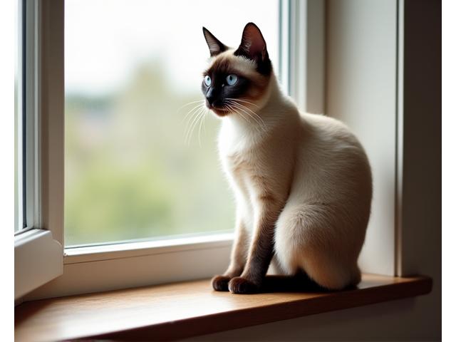 En grasiøs siameser katt som sitter elegant på en vinduskarm, badet i mykt naturlig lys