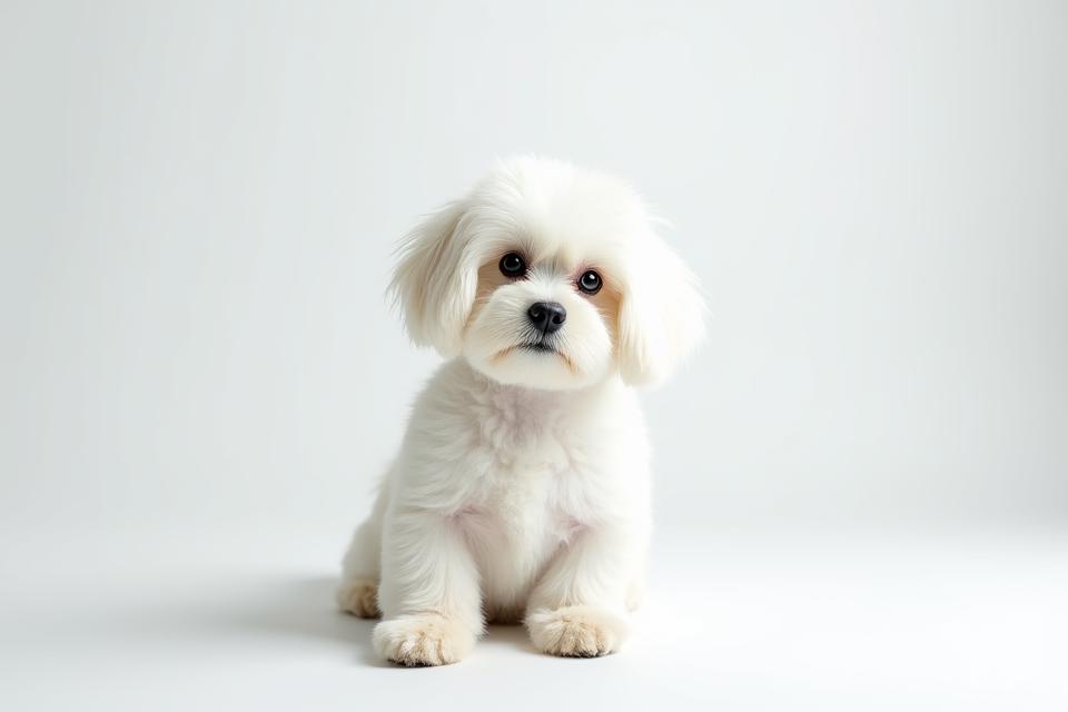 En liten malteserhund poserer trygt i et lyst, profesjonelt studio med nøytral bakgrunn
