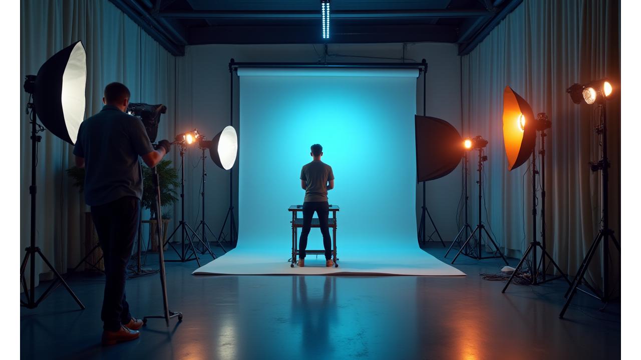 En profesjonell fotograf fotograferer et produktsett med studiobelysning, vist fra et moderne perspektiv.