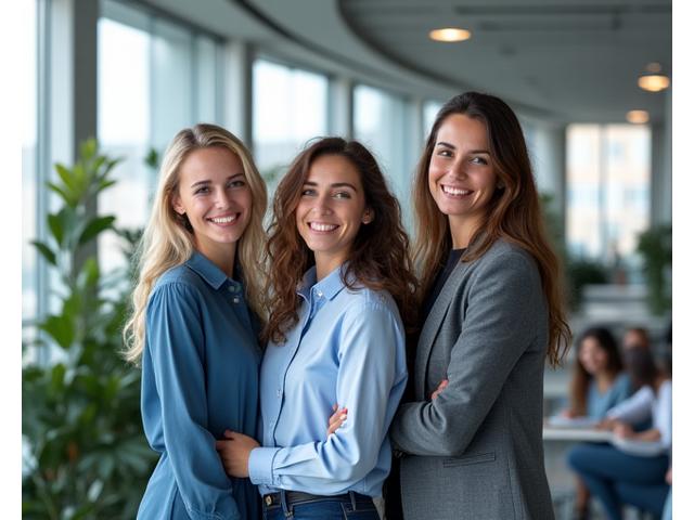 Et profesjonelt gruppebilde av et team i en moderne kontor setting, smilende og selvsikre.