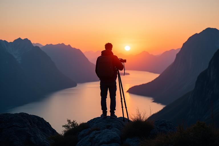 Fotograf med kamera på stativ i et spektakulært landskap under soloppgang, fanger det perfekte øyeblikket