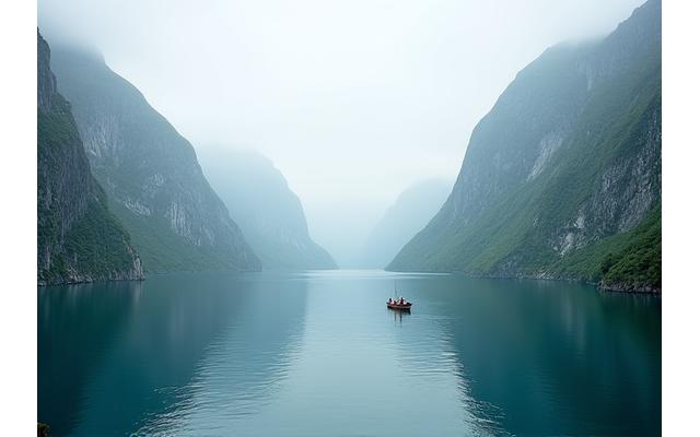 Majestetisk fjordlandskap med bratte fjellsider som stuper ned i det dypblå vannet og en liten båt på fjorden