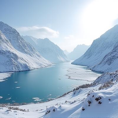 Vinterlig fjellandskap med frosne innsjøer og snødekte topper badet i morgenlys