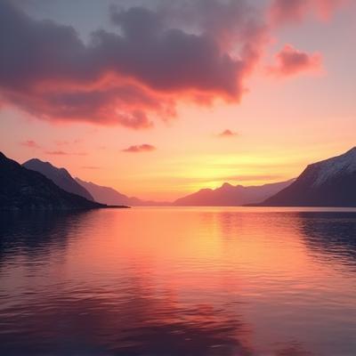 Arktisk øy i midnattssol med oransje himmel og rolig vann som reflekterer fargene