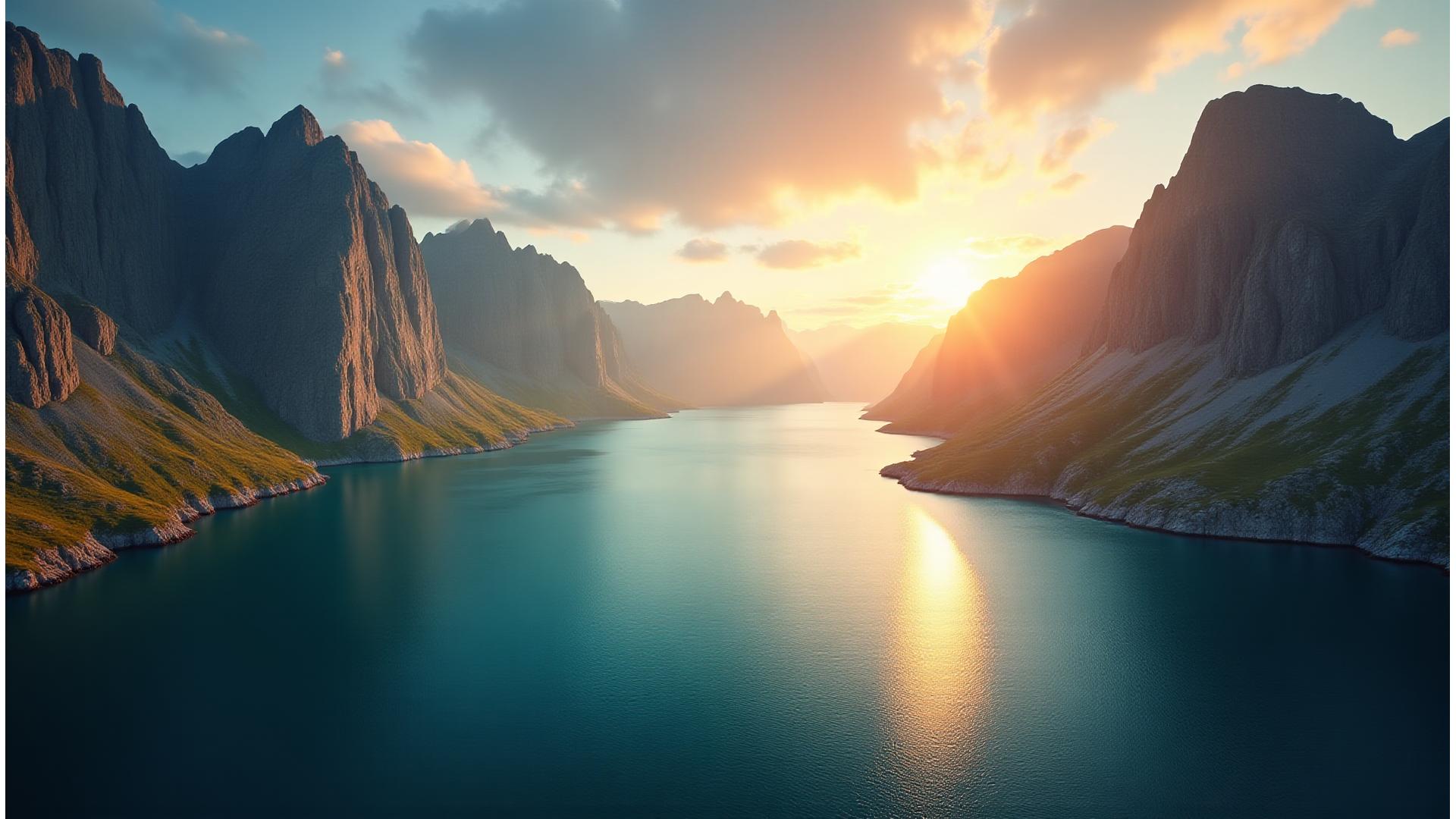 Storslått kystlandskap i Lofoten med dramatiske fjell og turkist hav under midnattssol