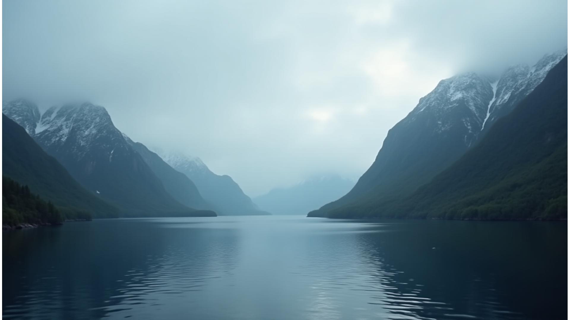 Tåkelagt fjordlandskap med snødekte fjell og sollys som bryter gjennom skyene