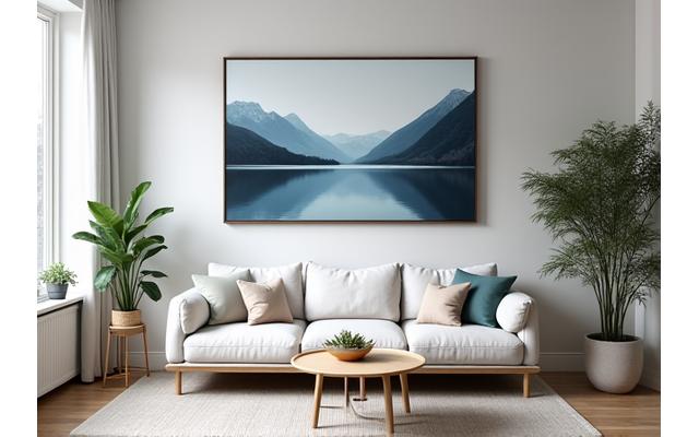 Stilfullt innredet stue med et stort landskapsbilde av norske fjorder over en minimalistisk sofa, omgitt av planter og naturlig lys