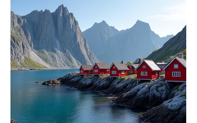Dramatisk landskap i Lofoten med røde fiskebuer og skarpe fjelltopper under en skyfri himmel