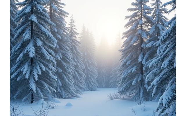 Urørt furuskog dekket av snø i en nasjonalpark, med tåke som henger mellom trærne i morgenlyset