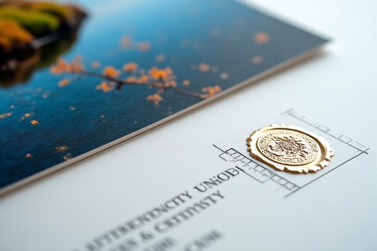 Nærbilde av en høykvalitets kunstprint med fine detaljer og rik fargegjengivelse, med et ekthetssertifikat liggende ved siden av