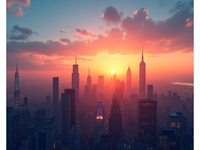 Et slående herobilde for en nettside, som viser en stilisert bysilhuett ved solnedgang, som symboliserer vekst og modernitet.