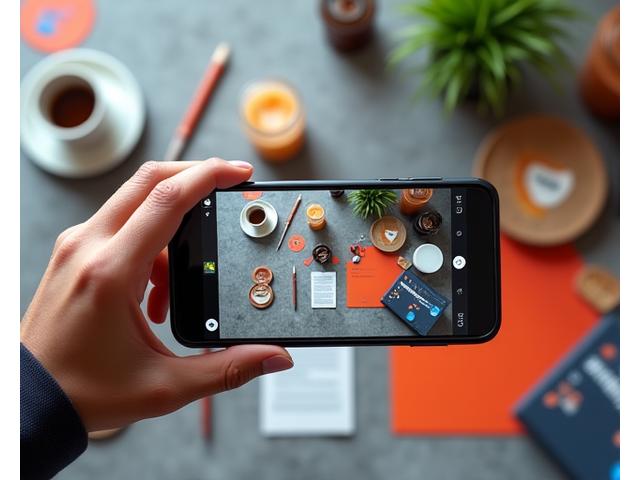 En influenser eller markedsfører som tar et bilde av et produkt med en smarttelefon for sosiale medier, med fargerike bakgrunner.