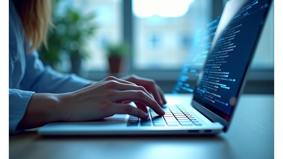 Nær bilde av en person som taster på et tastatur med dataflyt visualisering, symboliserer datainnsamling
