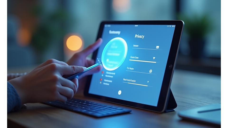 En person holder et forstørrelsesglass over en digital skjerm med personverninnstillinger, symboliserer brukernes kontroll over data