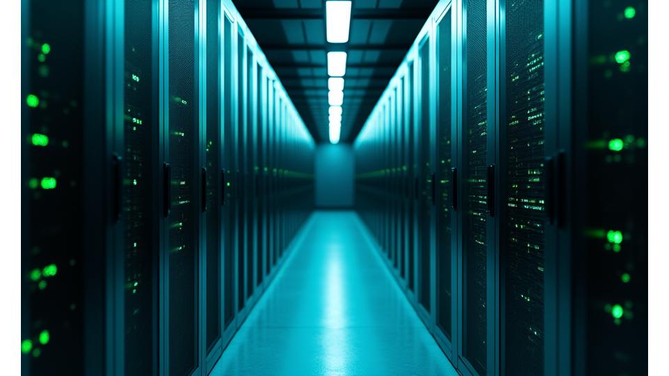 Moderne serverrom med grønt sikkerhetslys og lister med binærkode, som symboliserer datasikkerhet