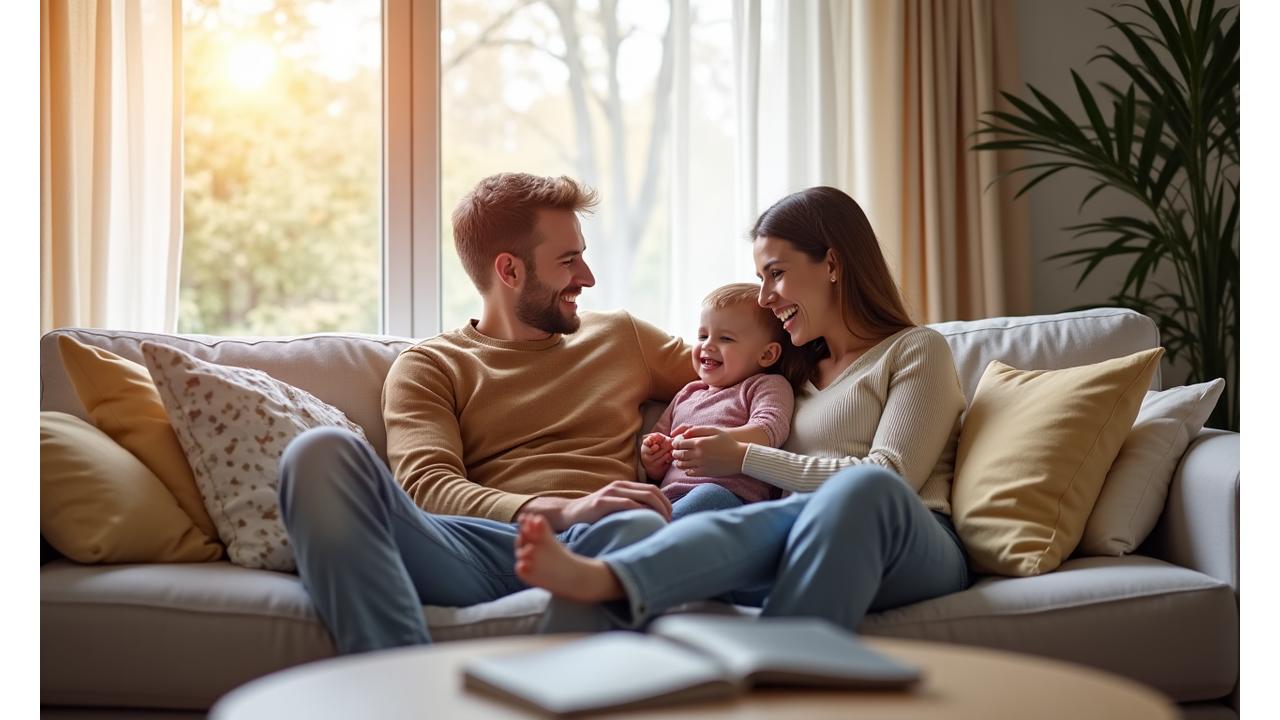 Kosegruppe med familie hjemme i et lyst og komfortabelt miljø