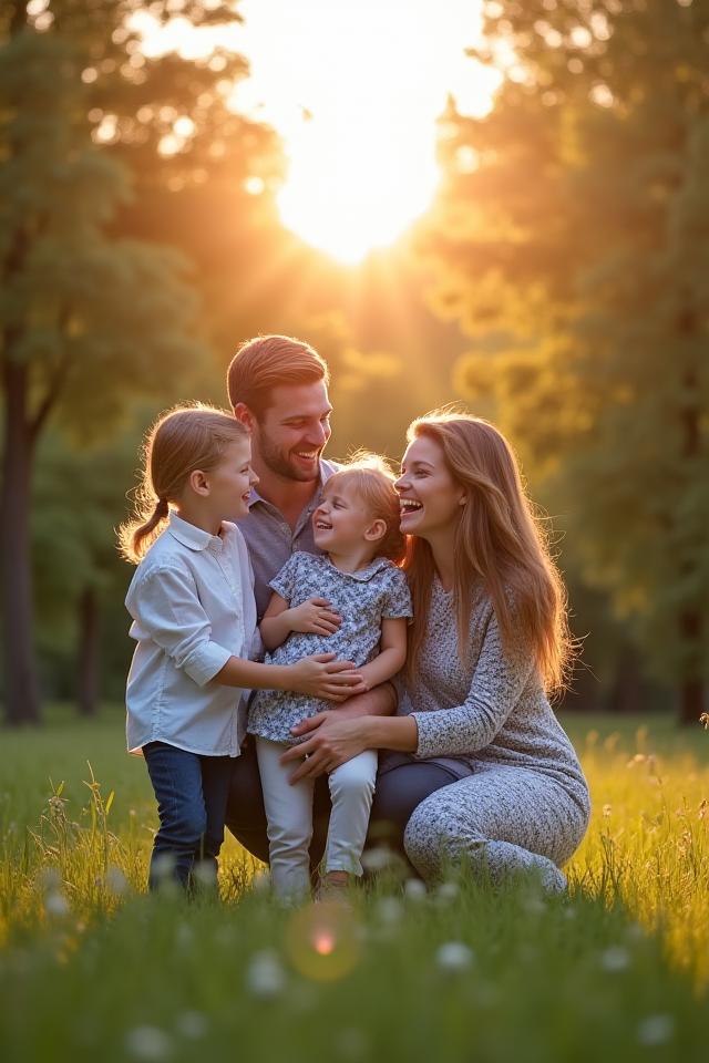 Varmt familieportrett med barn ute i naturen