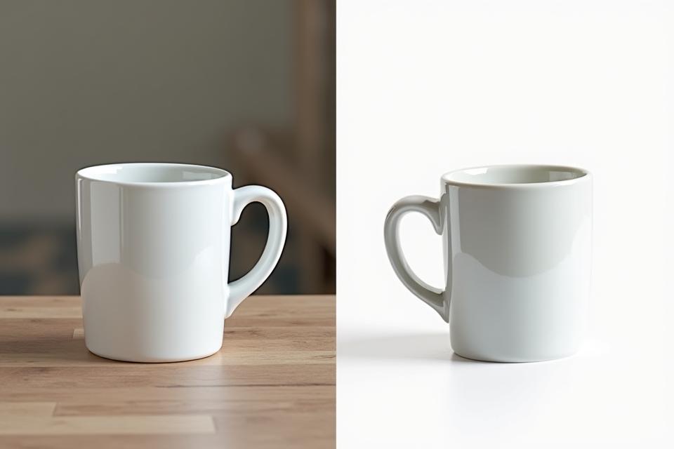 Et før- og etterbilde som viser stor forbedring i produktbildekvalitet, fra amatør til profesjonell studiofotografering.