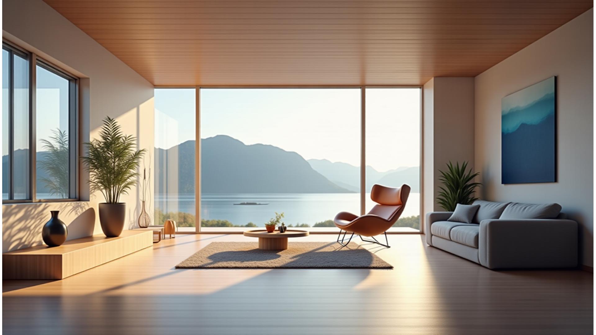 Panoramisk utsikt over et moderne, minimalistisk norsk interiør sett gjennom en 360-graders linse